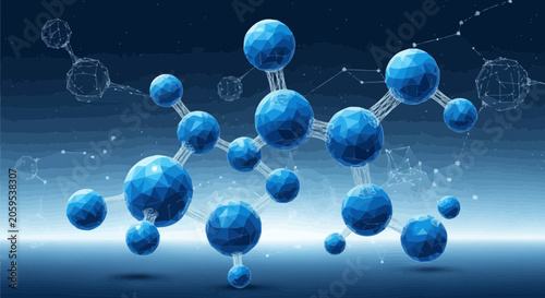 Blue molecular structure model representing scientific research and chemical bonding concepts