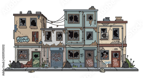 Slika na platnu Abandoned Urban Slum Building Exterior with Graffiti and Broken Windows