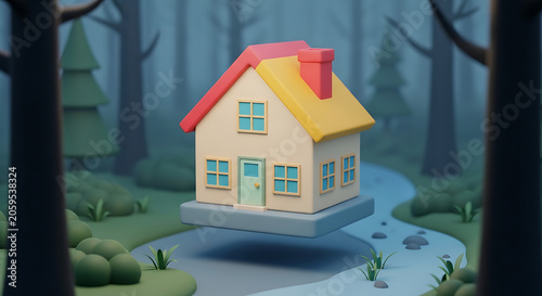 Floating 3D house model in mystical forest environment with building floating architecture minimalist conceptual woodland illustration atmosphere