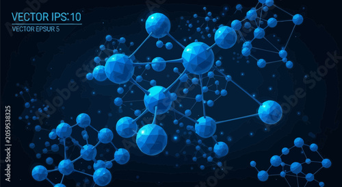 Blue molecular structure visualization with connected nodes on dark abstract background