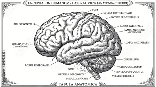 Tableau sur toile Human brain lateral view anatomical chart with latin terminology