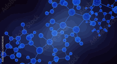 Blue molecular structure network on dark background with flowing lines