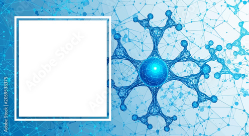 Blue scientific abstract background with molecular structure and white frame for text