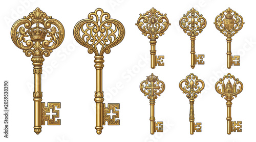 Ornate vintage golden keys with royal motifs and crowns