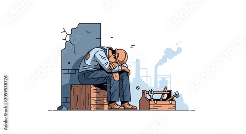 Cuadro en lienzo Exhausted Industrial Worker Sitting Depressed Near Factory