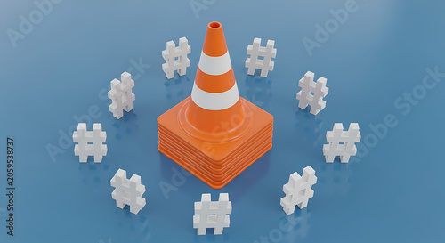 Orange traffic cone surrounded by white hashtag symbols with internet communication technology attention connected