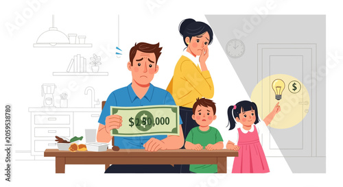 Cuadro en lienzo Family Struggling with Financial Debt and Economic Hardship Concept Illustration