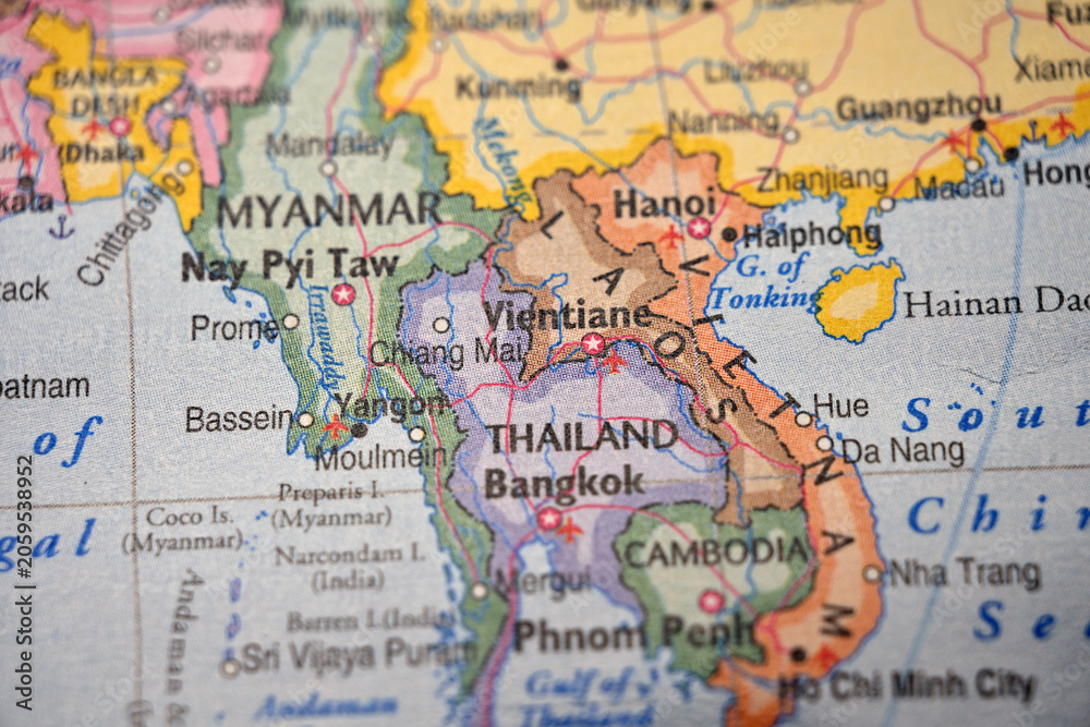 Obraz premium Vientiane Laos on Soft Blurred Southeast Asia World Map Background