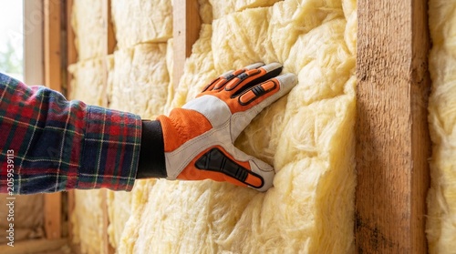 Person installing insulation in a wooden wall frame with protective gloves on