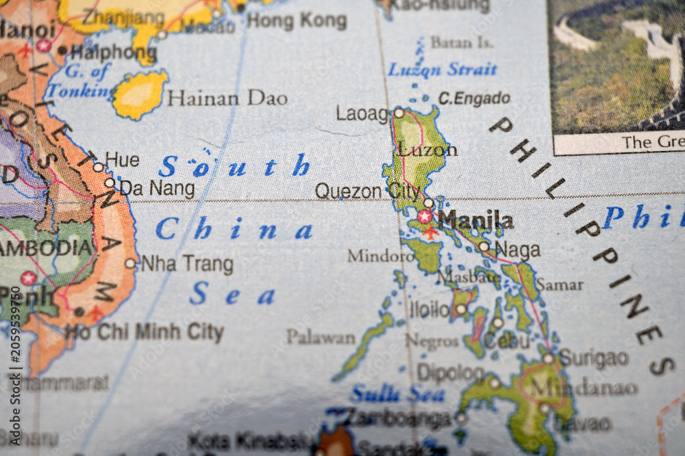 Obraz premium Quezon City (Philippines) on World Map – Selective Focus with Blurred Background Geography View