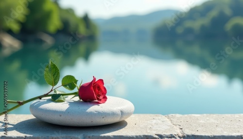 A rose placed on a simple white stone memorial with a serene lake background , memory, water, flower