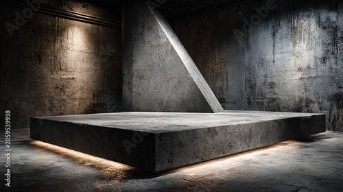Minimalist concrete podium with sharp edges, surrounded by industrial textures and muted lighting 