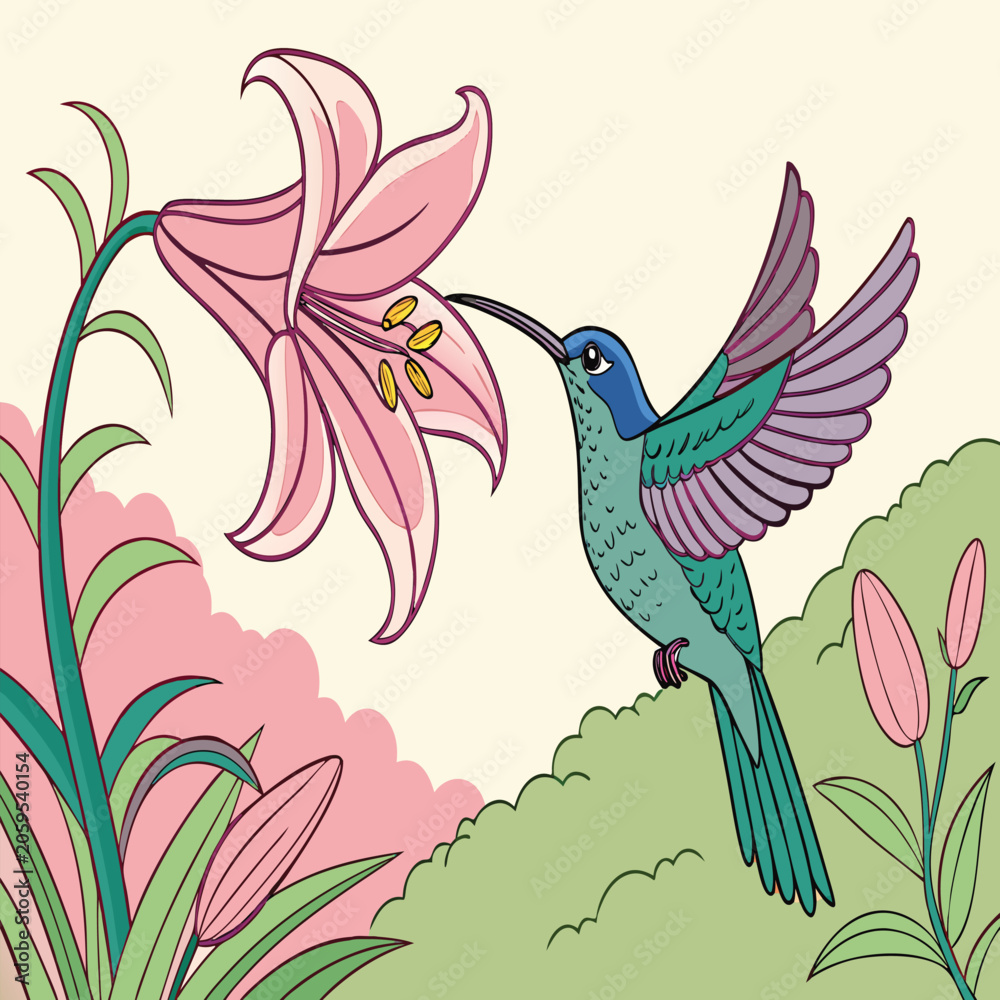 Fototapeta premium Vibrant Hummingbird Hovering Near a Blooming Pink Lily
