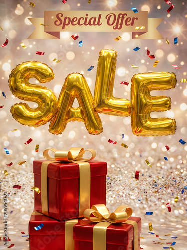 Golden sale balloon letters with gift boxes and confetti special offer celebration