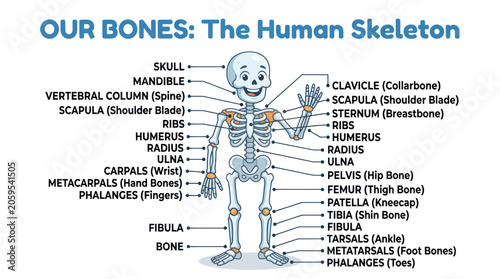 Konstfotografi Human skeleton anatomy diagram with labeled bones for kids