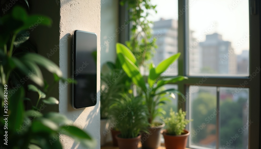 Fototapeta premium Black smartphone rests on textured wall near potted green plants on sunny day. Window shows blurred city buildings outside. Peaceful indoor plant life with tech.