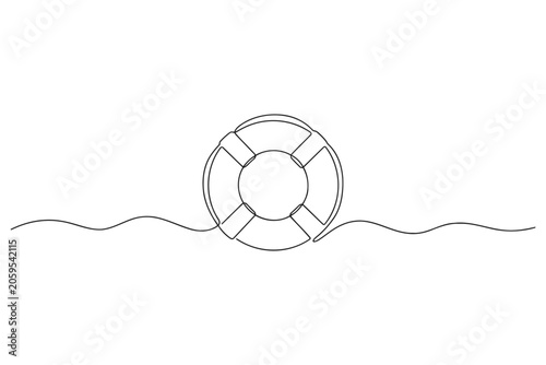 Photos Continuous single line drawing of a lifebuoy floating on the ocean waves with li