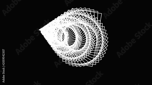 Abstract geometric tunnel animation with rotating white squares on black background, rotation
