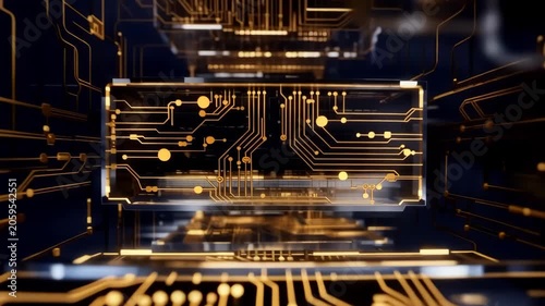 Layers of Transparent Circuits with Glowing Gold Pathways and Neon Highlights