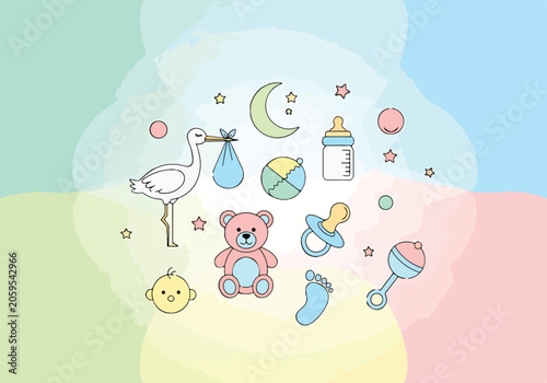 Bild auf Leinwand A pastel-colored illustration of baby items and a stork