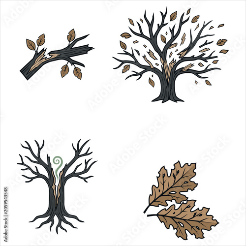 Spooky dead tree vector illustration set with bare branches, broken logs, and dry autumn oak leaves. Perfect for Halloween designs