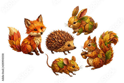 Collection of five woodland animals—fox, hedgehog, rabbit, squirrel, mouse—illustrated with autumn fall leaves.
