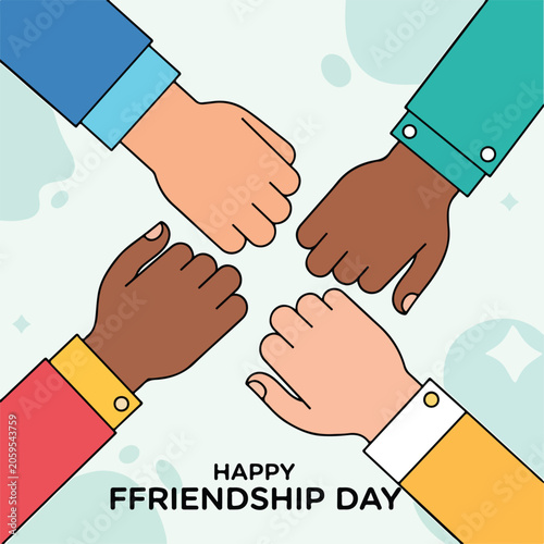 A graphic illustration of four diverse hands stacked