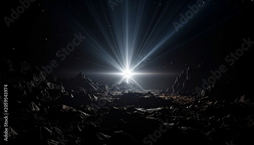 Starburst of light illuminating a rocky terrain