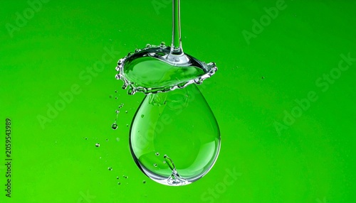 Water droplet collision with glass, green backdrop