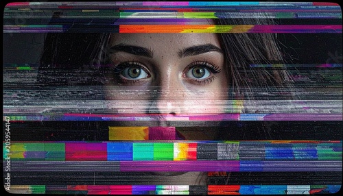 Woman's face overlaid with digital static glitch