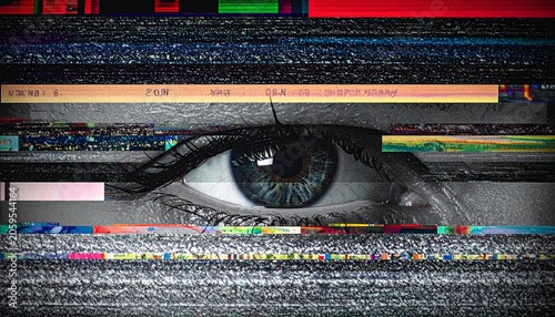 Eye peering through digital static, glitch art
