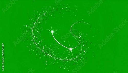 White, curved light streaks with particles, green backdrop