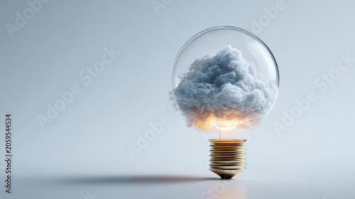 A small cloud trapped inside a lightbulb, glowing softly, minimal surreal concept, white background.