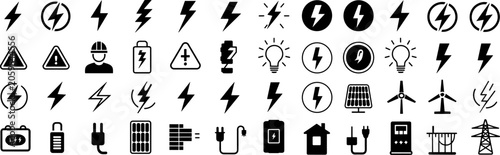 Electrical power icons set lightning bolts energy symbols and renewable energy sources illustration
