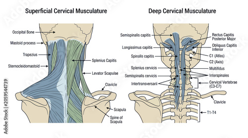 Quadro su tela Human neck muscle anatomy showing superficial and deep cervical layers