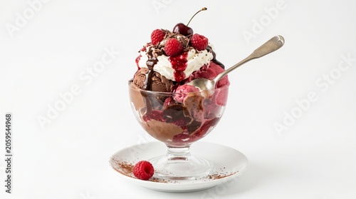 Ice cream sundae with berries and chocolate sauce in a glass bowl with a spoon for a sweet dessert advertisement.