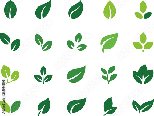 Collection of vibrant green leaf icons and vector illustrations for eco friendly design projects
