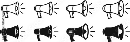 фотографія Eight megaphone icons line art and solid fill variations for announcements and p