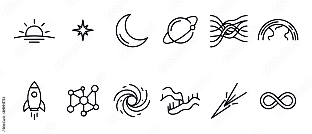 Fototapeta premium Collection of simple black line art icons representing various space, nature, and abstract concepts on a clean white background