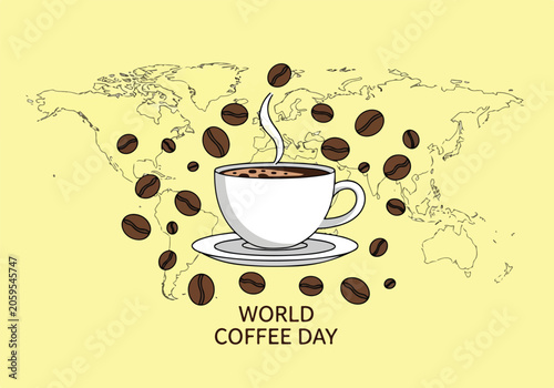 A cup of coffee on a saucer with coffee beans and world map