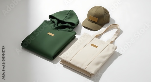 Fashionable Apparel Set - Green Hoodie, Tote Bag, and Cap.