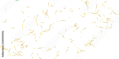 Foto Sparkling golden confetti rain combined with swirling streamers on a pure white
