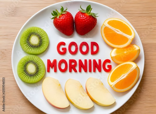 Fresh fruit plate with good morning message on white plate healthy breakfast