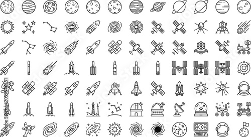 Obraz na plátně Black and white space and astronomical line icons featuring rockets telescopes s