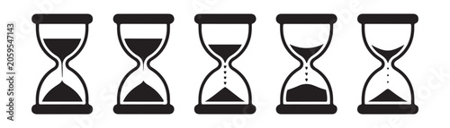 Canvastavla Set of five hourglass icons representing time passing, sand flowing, and time measurement concepts