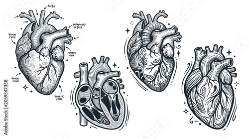 Schilderij op canvas Anatomical human heart collection with medical and artistic designs