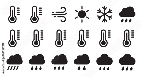 Tableau sur toile Thermometer and rain cloud icons set for meteorological monitoring and climate statistics