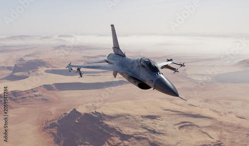 Foto Military Fighter Jet Flying Over Desert Canyon Landscape With Missiles — 3D Rend