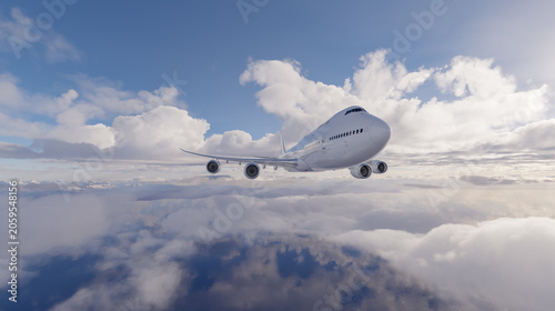 Bild auf Leinwand White Jumbo Jet Airliner Flying Above Clouds Over Ocean at Sunrise — 3D Renderin