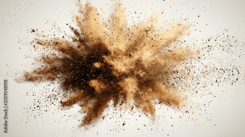 Brown dust explosion on a clean white background, cinematic style, detailed particles. 